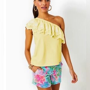 NWT Lilly Pulitzer Yellow embroidered Ruffle Cottagecore floral one shoulder top